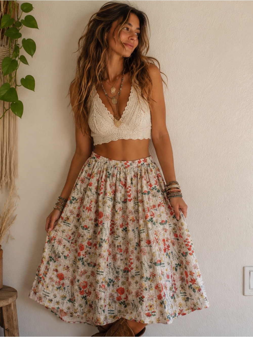Magnolia Place White Floral Midi Skirt with Red, Green & Yellow Floral
